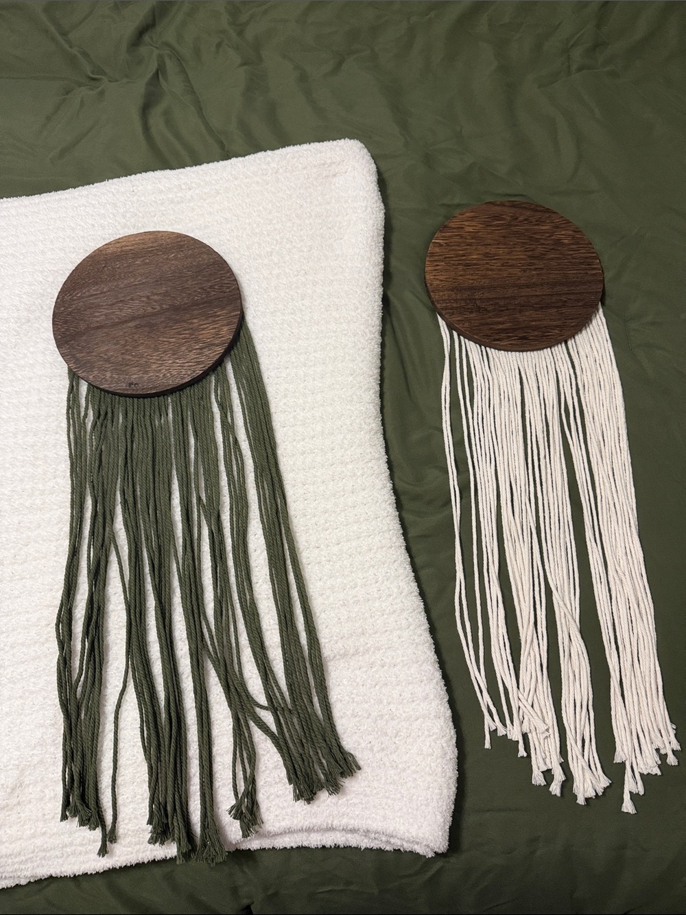 Handmade Wall Hanging Trio — Olive Green & Cream Macramé with Wood Discs